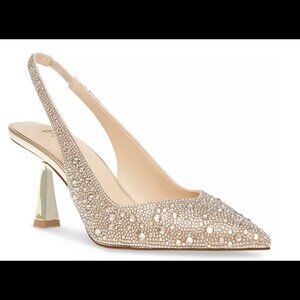 NWT & Box Betsey Johnson Clark Rhinestone Slingback Pumps, 8.5, Gold
